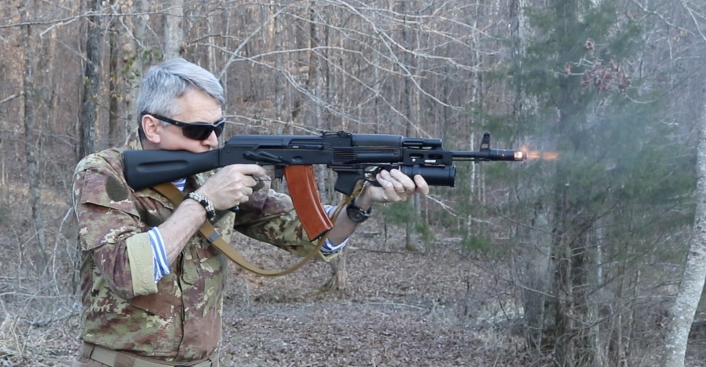 Man shooting AK-74M rifle