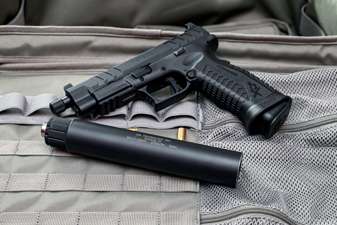 GSL noise suppressor next to Springfield XD-M Elite pistol