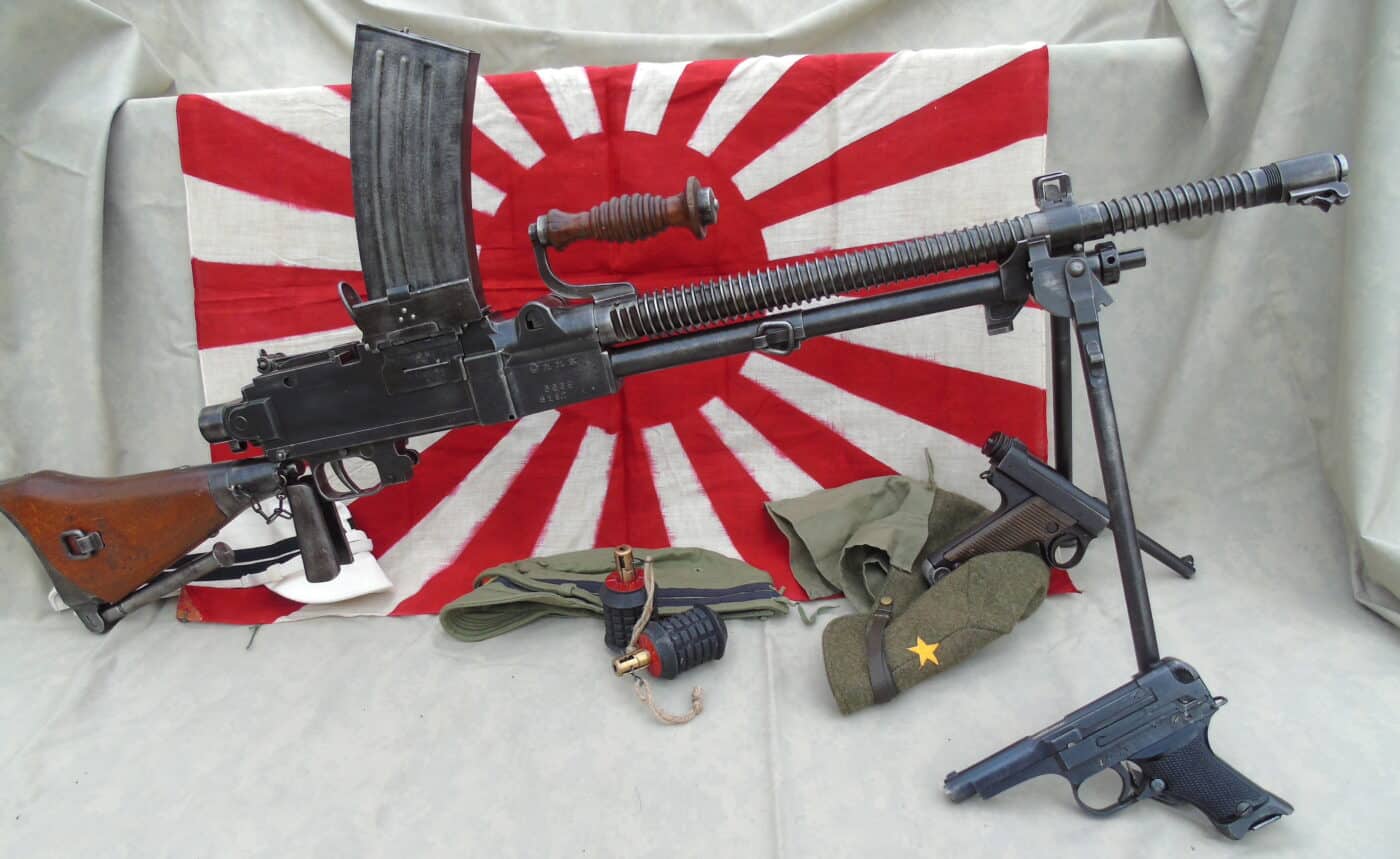 Japanese weapons of WWII including Nambu Machine Gun and Type 94 pistol
