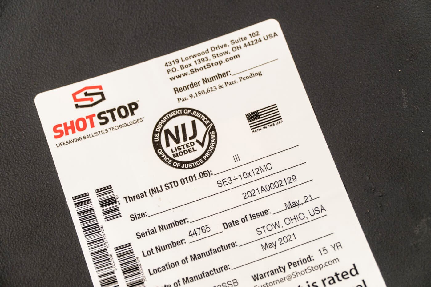 shotstop NIJ certification