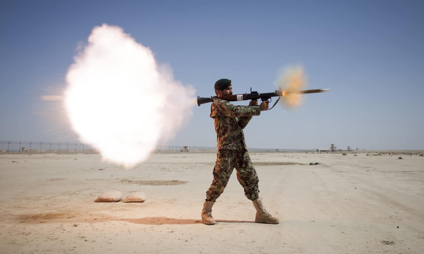 An Afghan National Army soldier firing an RPG-7 in 2013