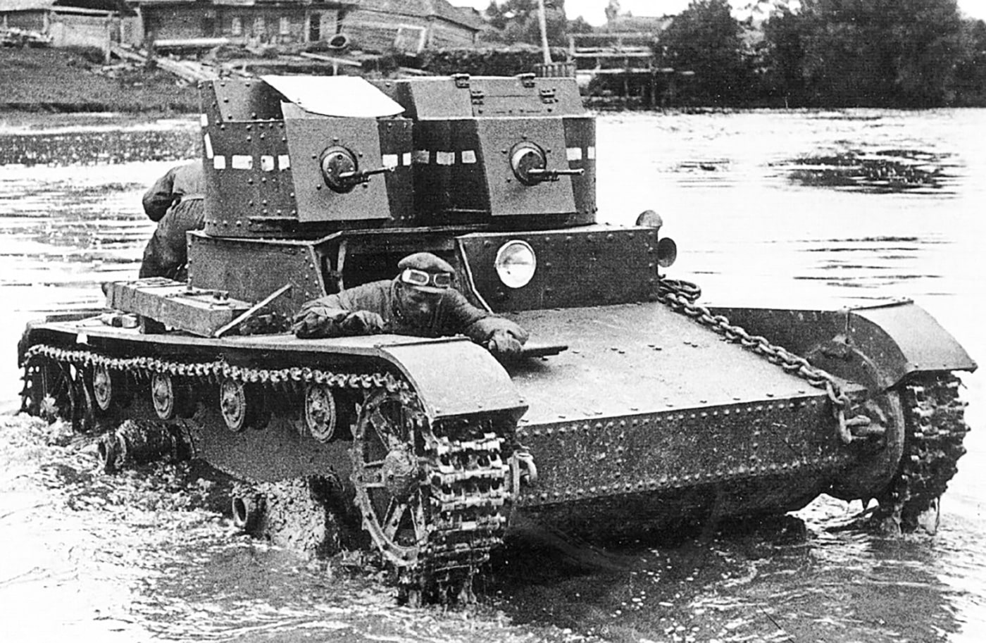 dual turret t-26 tank in river near moscow