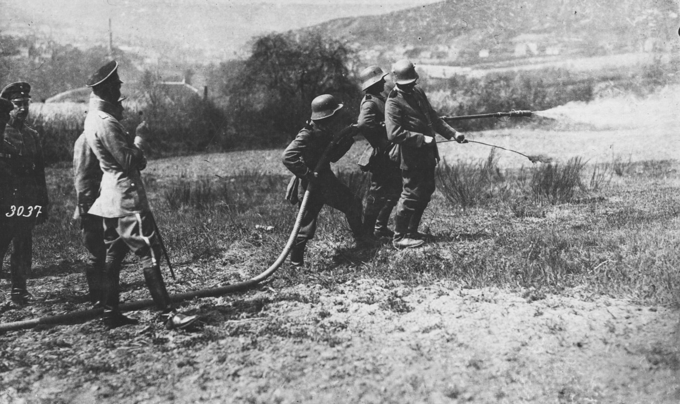 german soldiers practice with grof flamethrower