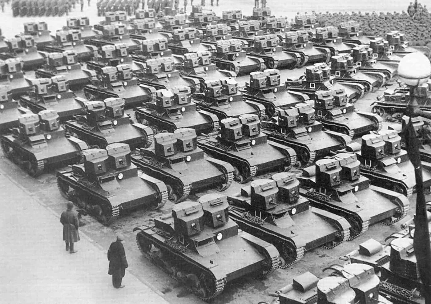 soviet t-26 tanks with dual turrets in parade