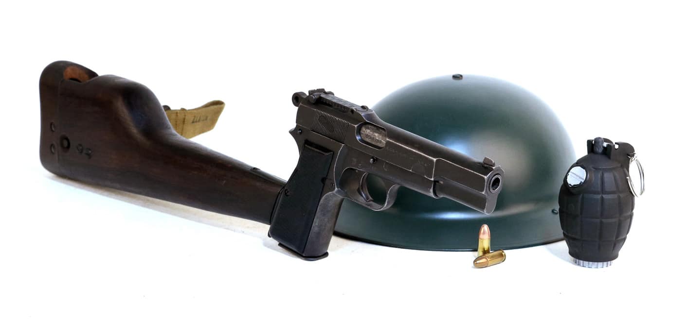 inglis hi power with helmet and grenade