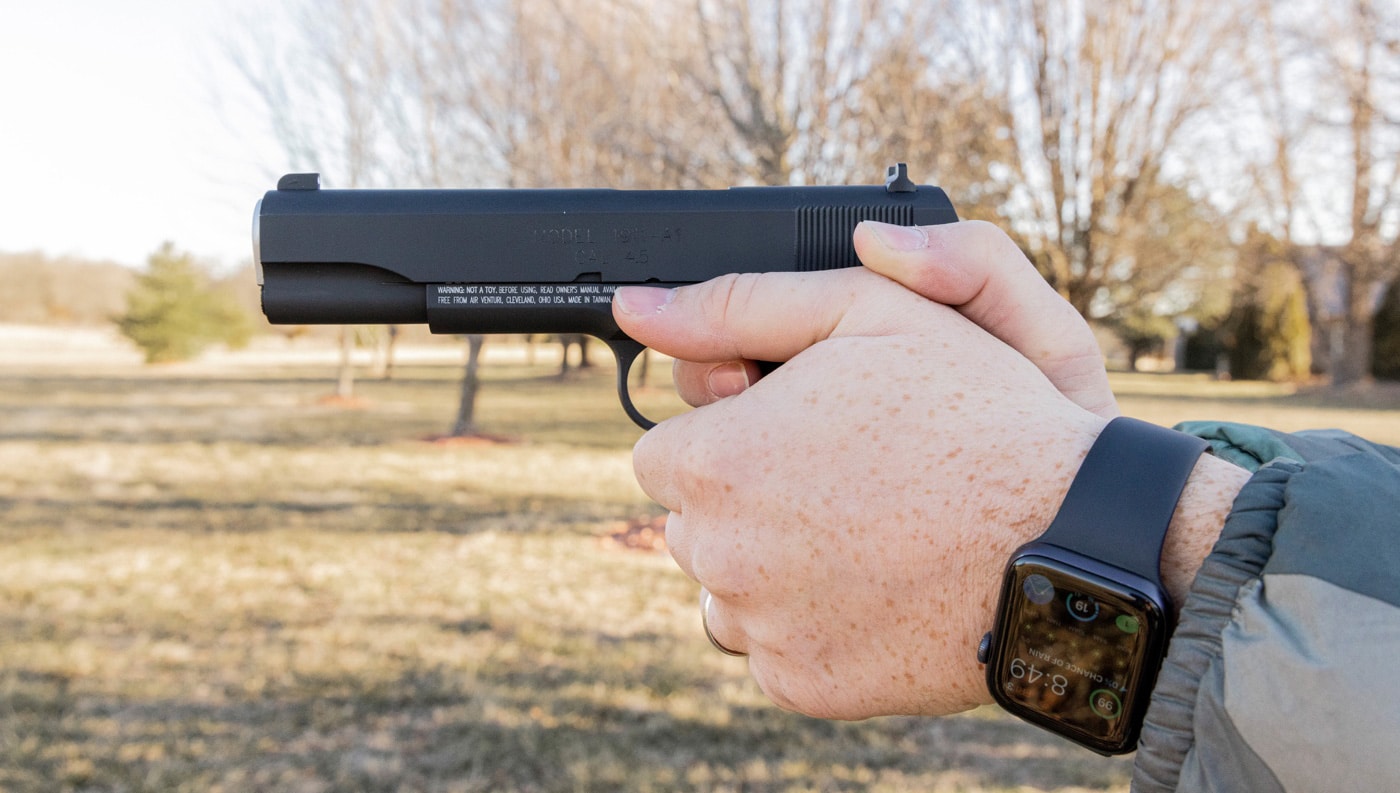 author testing the air pistol replica 1911 on the range