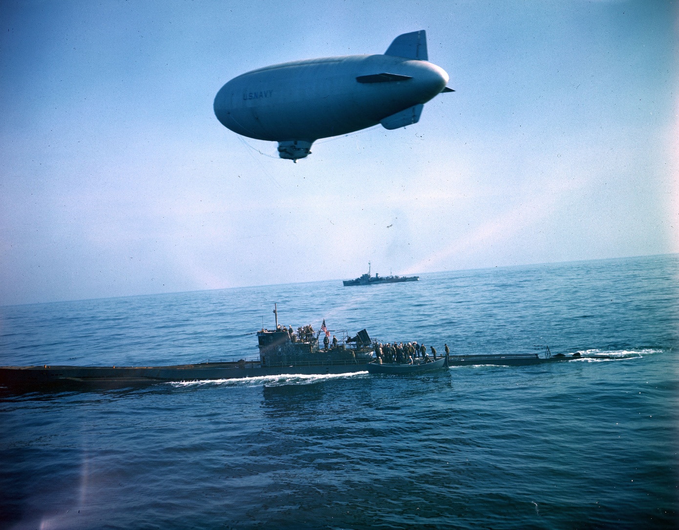 blimp over german u-boat color photo