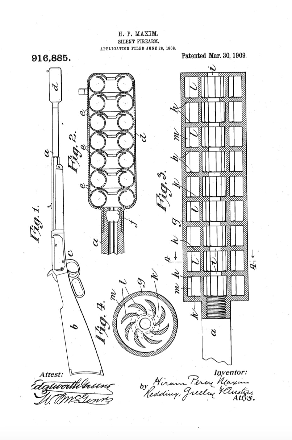 1909 patent drawing for the maxim silencer