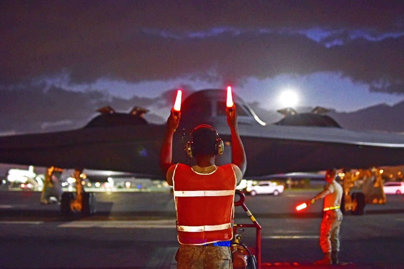 flight line marshalling of a b-2 bomber