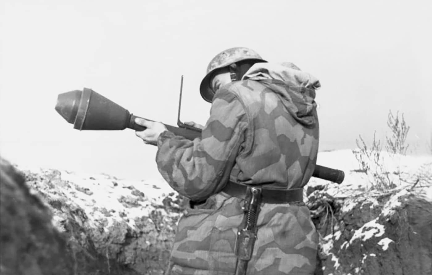 german soldier aims a panzerfaust
