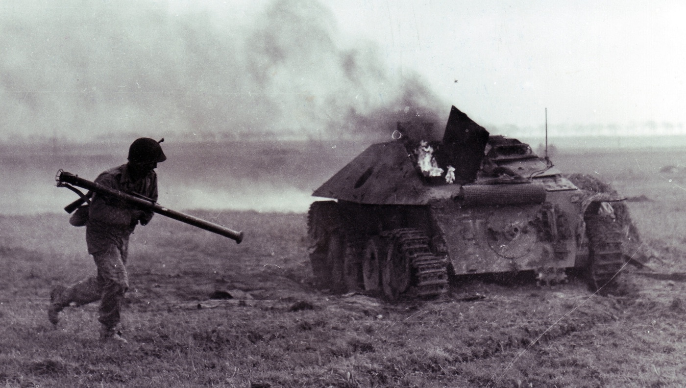 soldier with a bazooka destroys a hetzer near aldenhoven