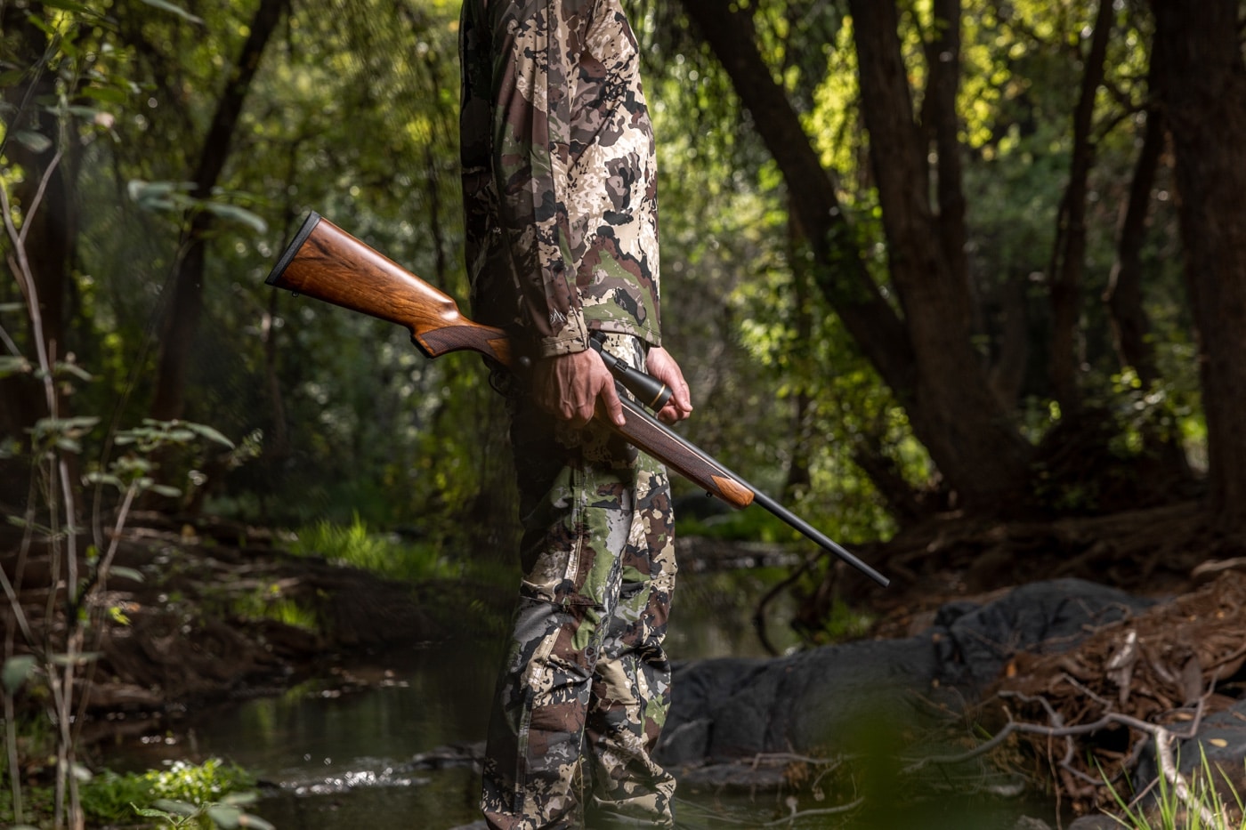 model 2020 rimfire rifle in woods