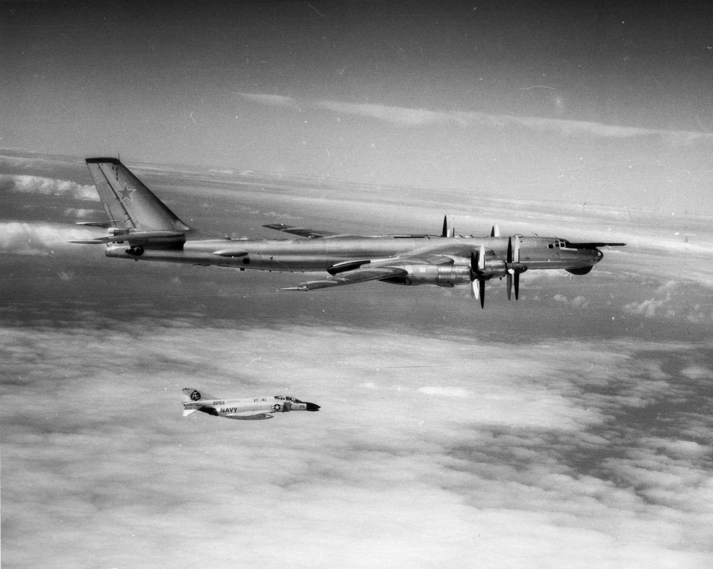 f-4 shadows a soviet bear bomber over the atlantic ocean
