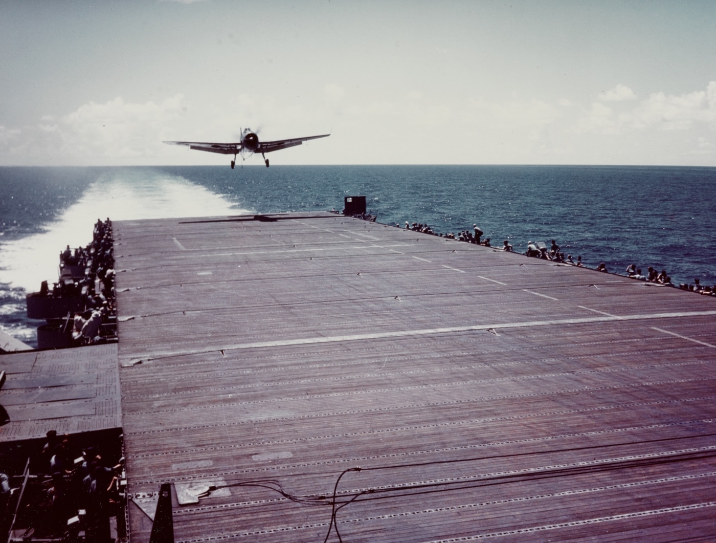 tbf avenger torpedo plane landing on independence-class carrier