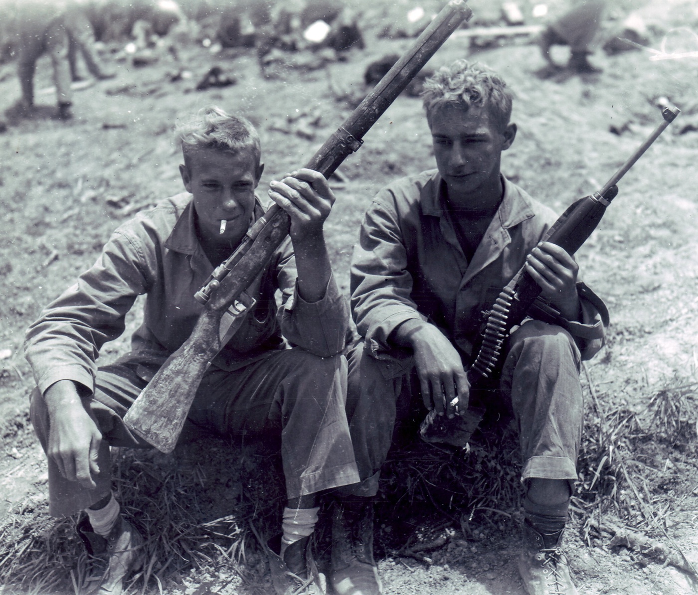 us marines with an arisoka and m1 carbine using a bandolier sling