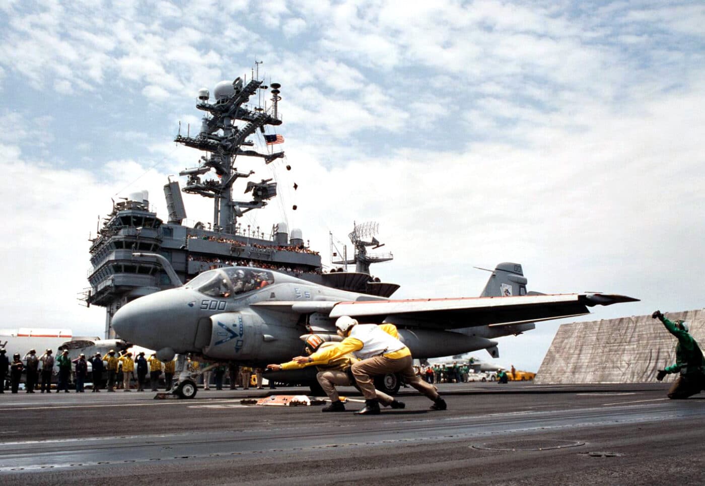 a-6 intruder launching from the deck of an aircraft carrier