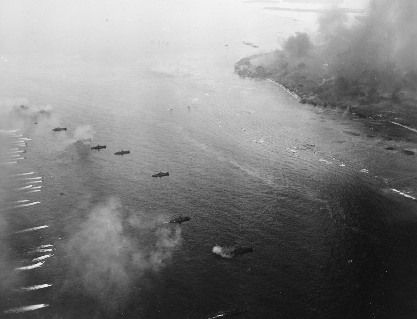 landing craft approach the beaches of peleliu