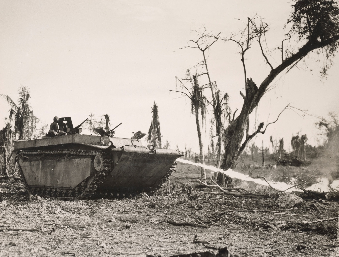 marine amphibious tractor with flamethrower on peleliu