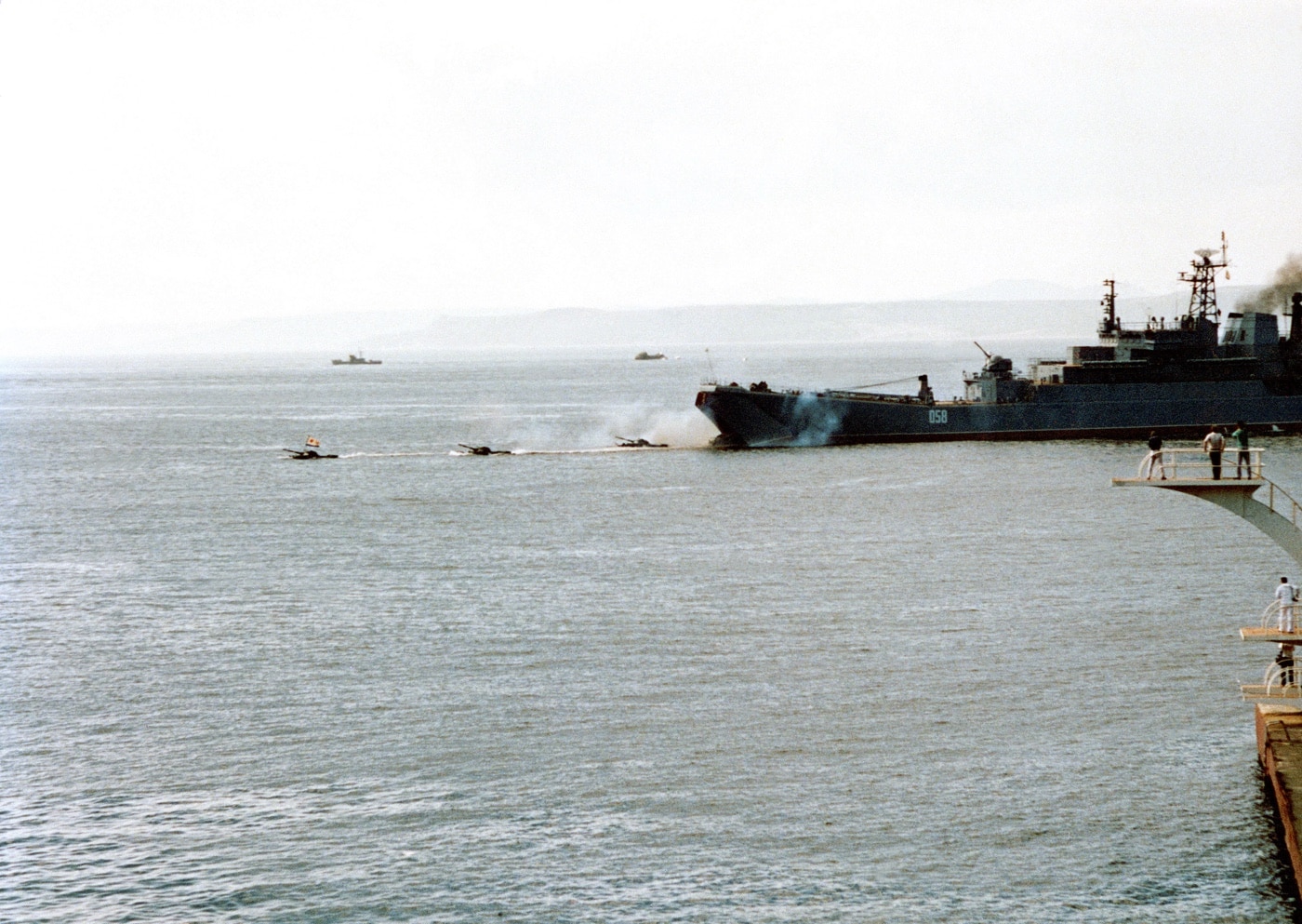 soviet marines deploy in pt-76 tanks from ropucha class landing ship