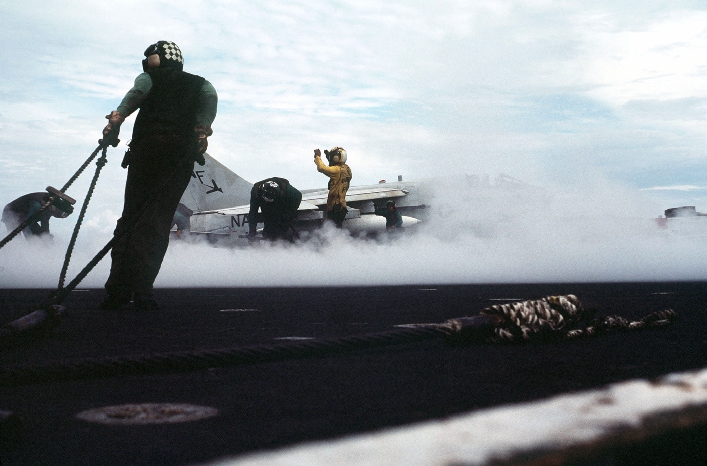 a-7 corsair ii prepares for launch from uss midway in 1984