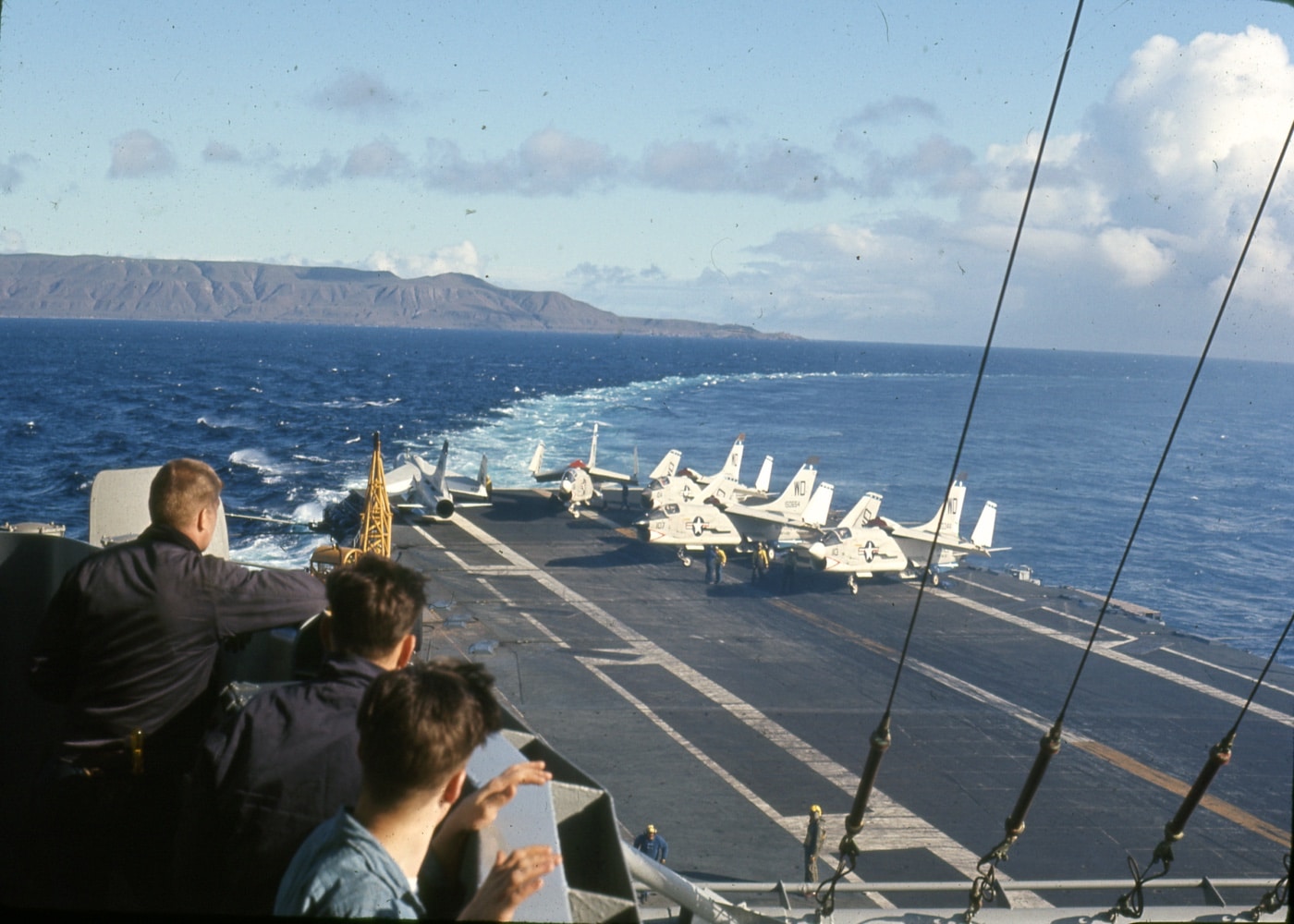a-7 corsairs on the deck of the uss oriskany