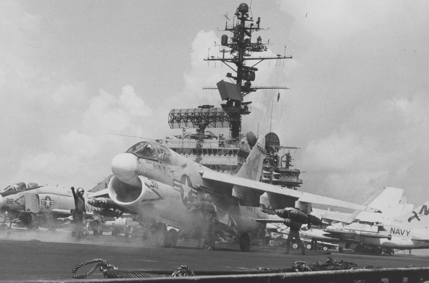 a-7e corsair launches from deck of uss constelation