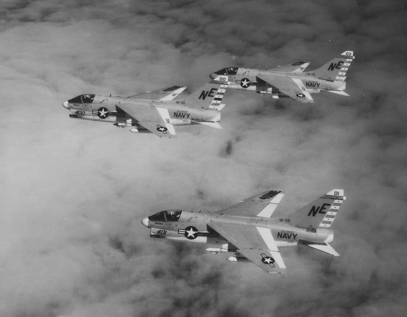 flight of three a-7b aircraft in formation