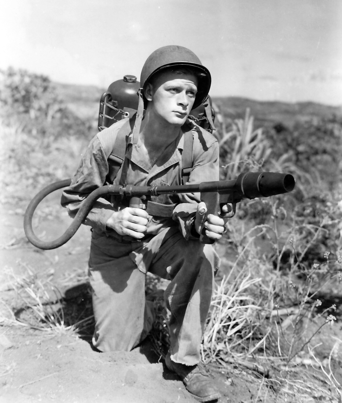 m2 flamethrower with marine on okinawa