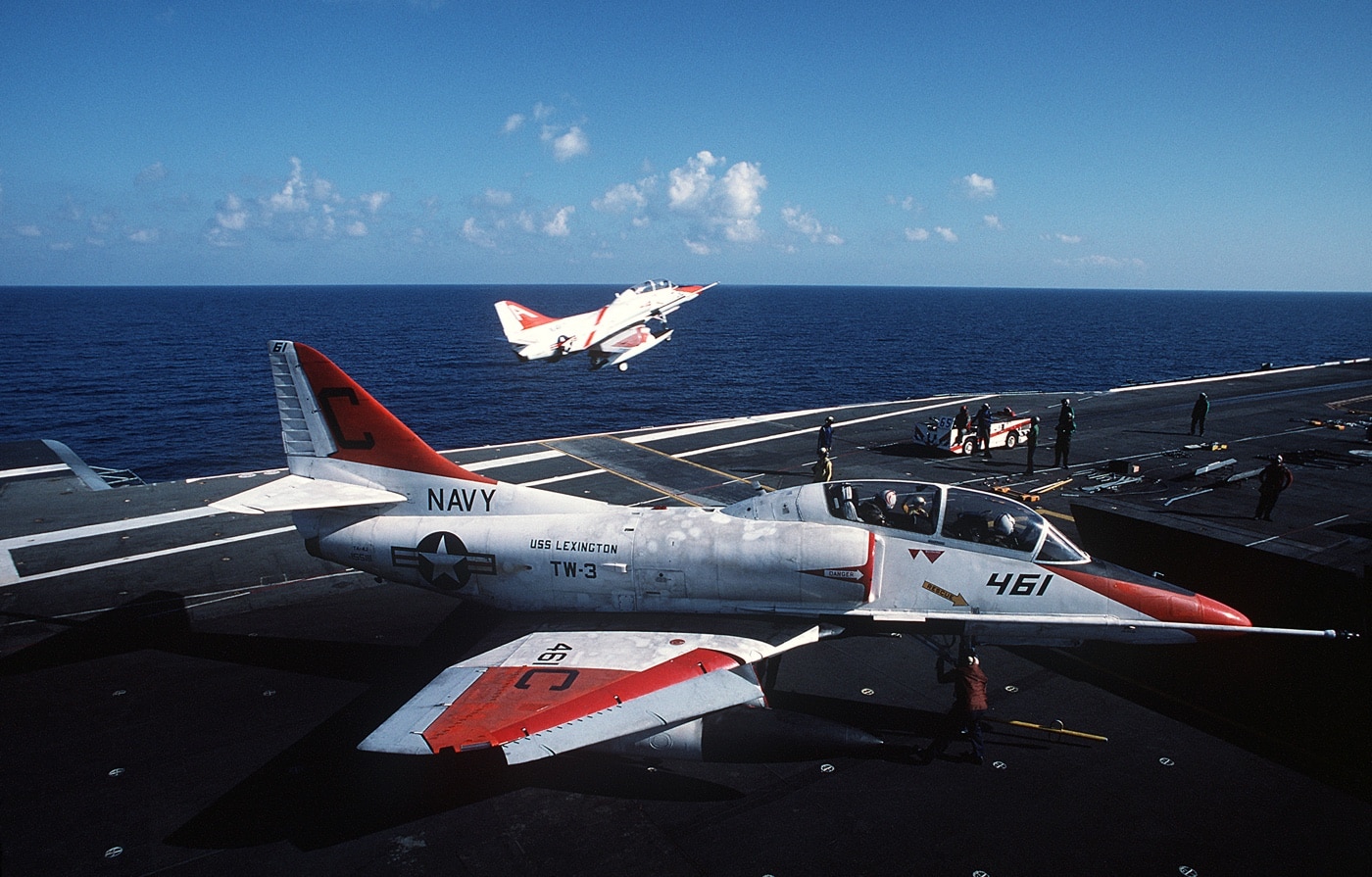 a-4 skyhawk on the deck of the uss lexington aircraft carrier