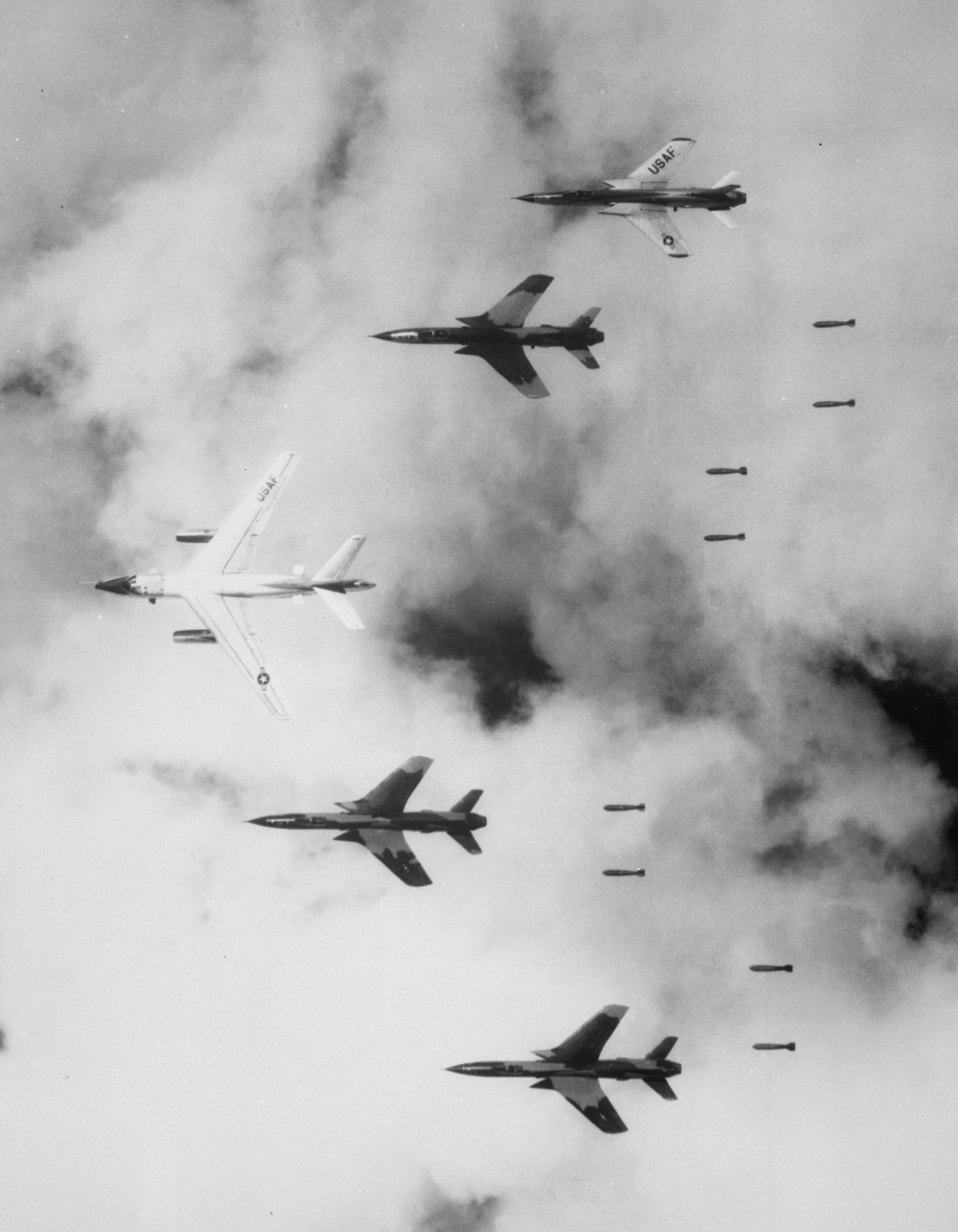 b-66 destroyer leads f-105 thunderchiefs over vietnam