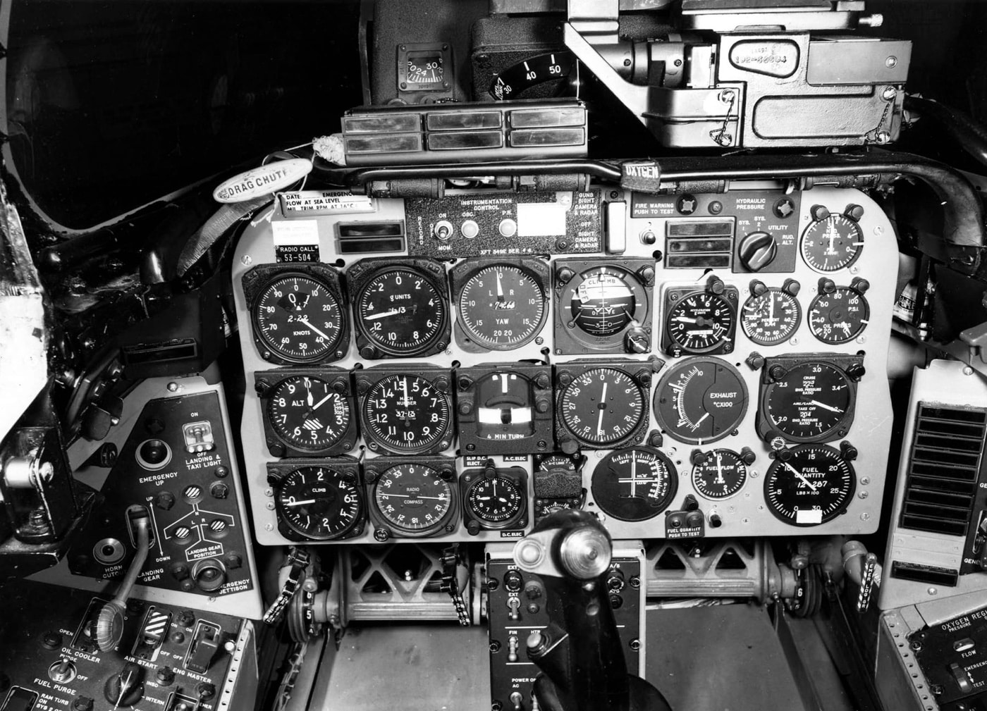 cockpit of f-100d super sabre flying instruments pedals stick throttle gauges altimeter