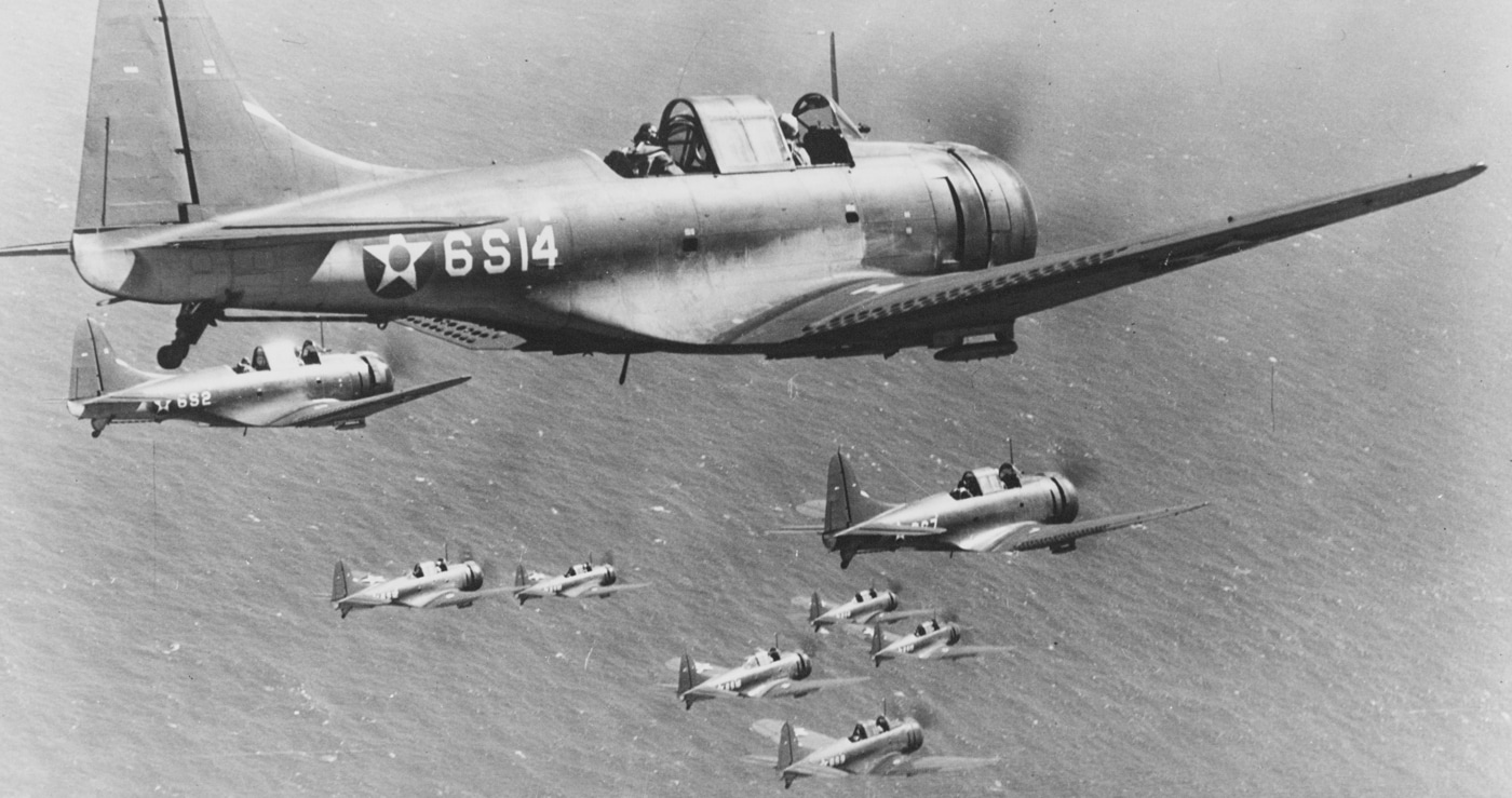 douglas sbd-2 scout bombers flying in formation