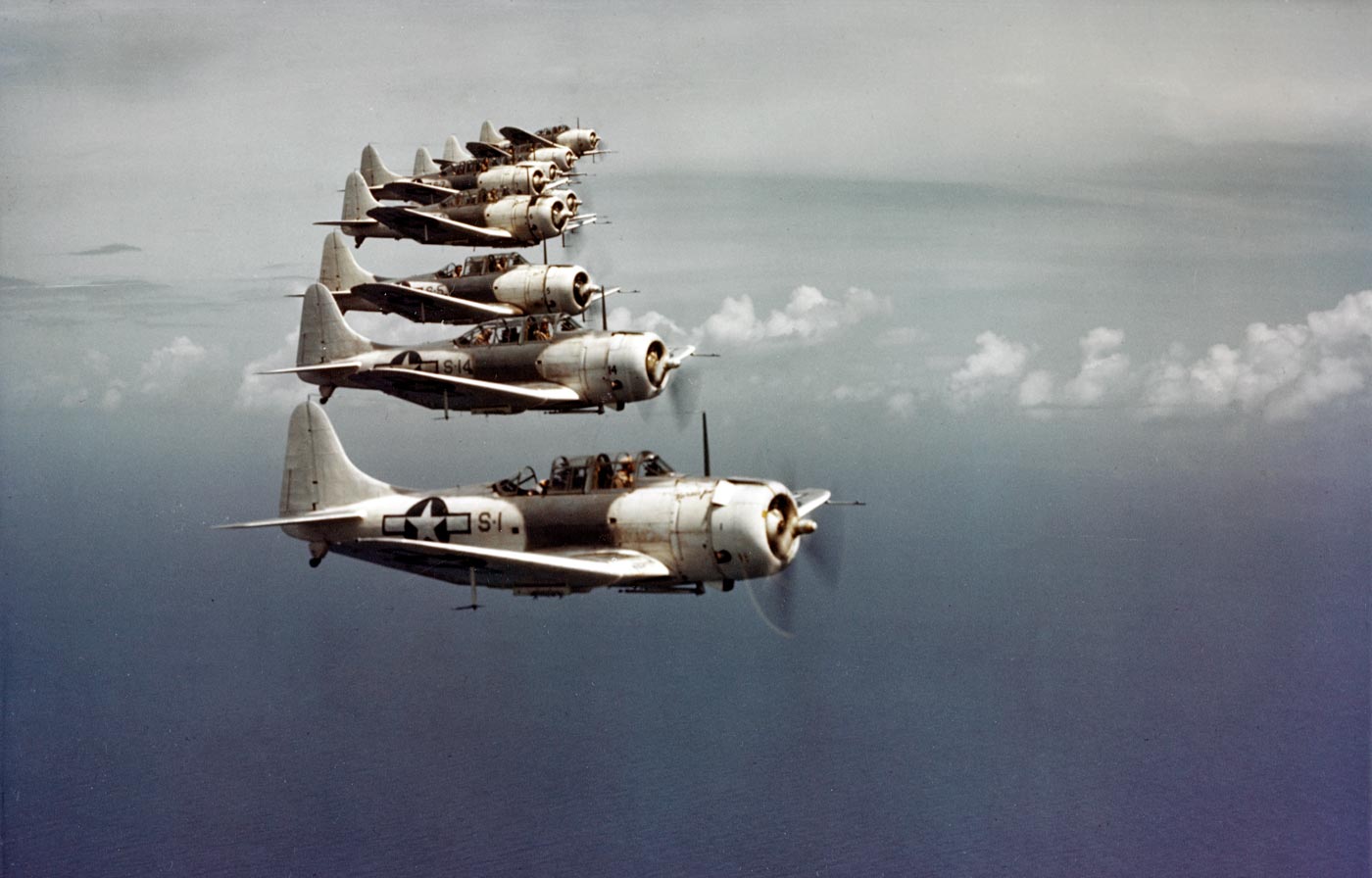 flight of sbd dauntless dive bombers in caribbean
