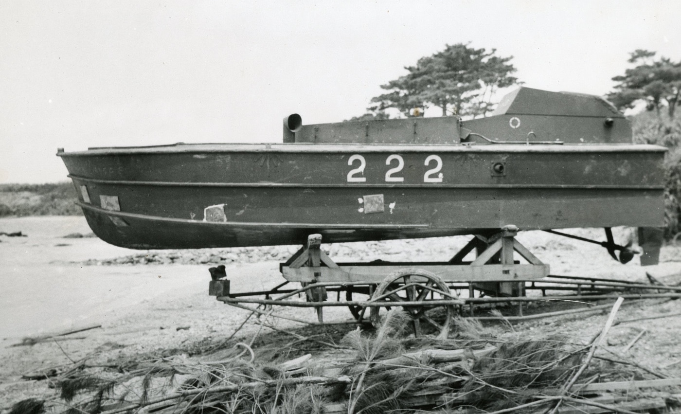 japanese shinyo kamikaze boat captured by us marines on okinawa during world war ii in the pacific