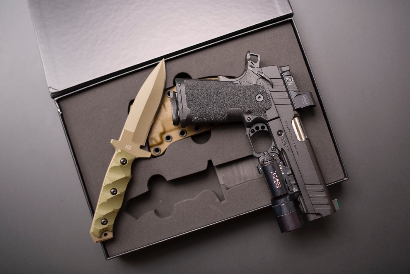 prodigy 1911 double stack springfield armory with fixed blade drop point knife