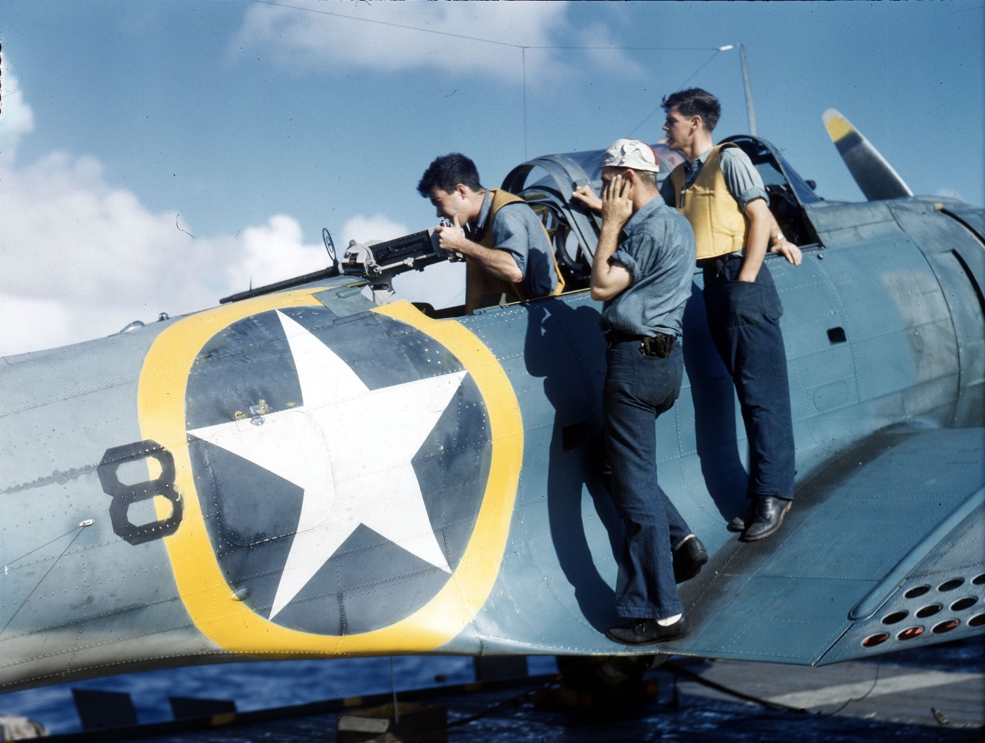 sbd-3 scout bomber machine gun testing on flight deck