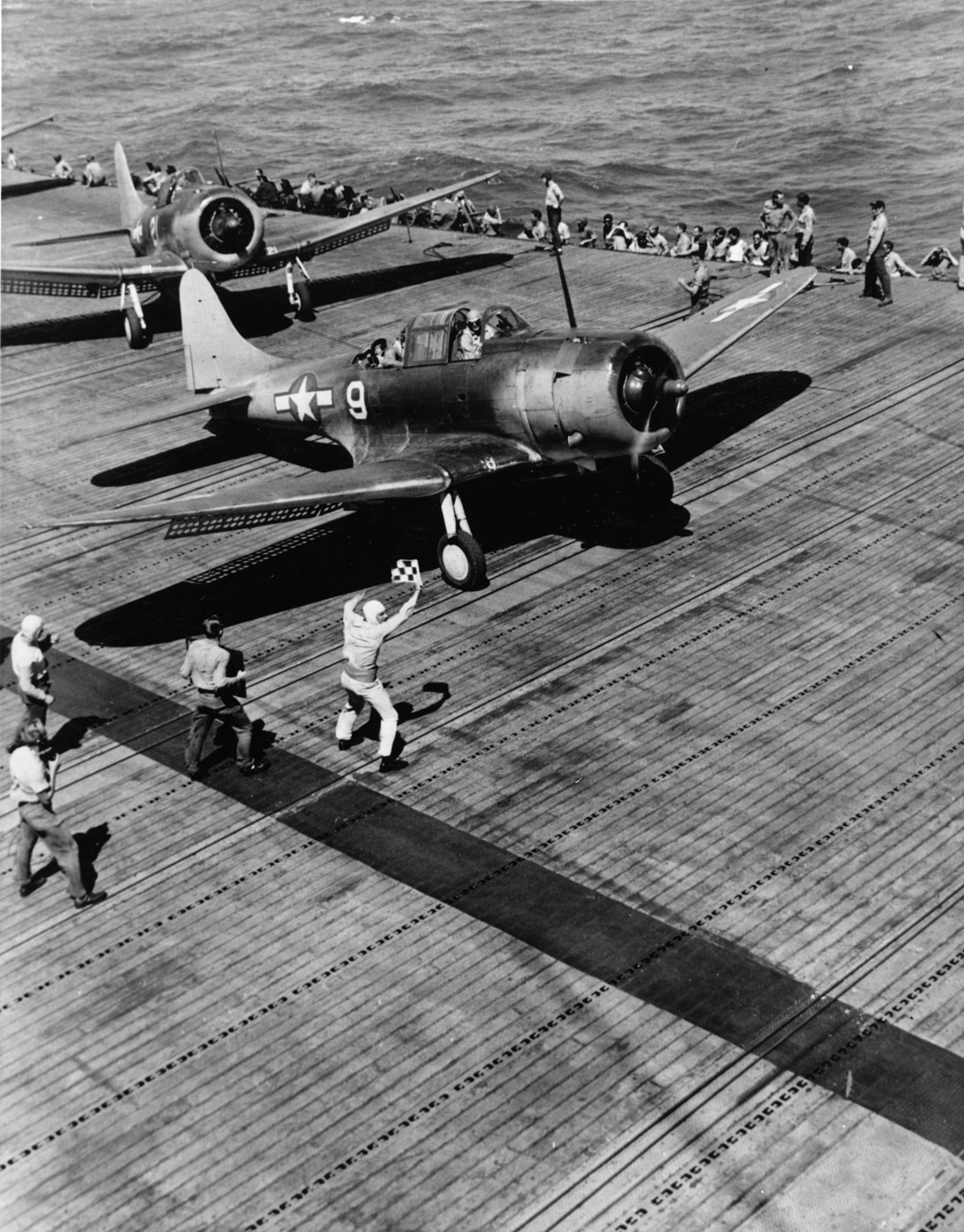 sbd-5 on flight deck of uss yorktown