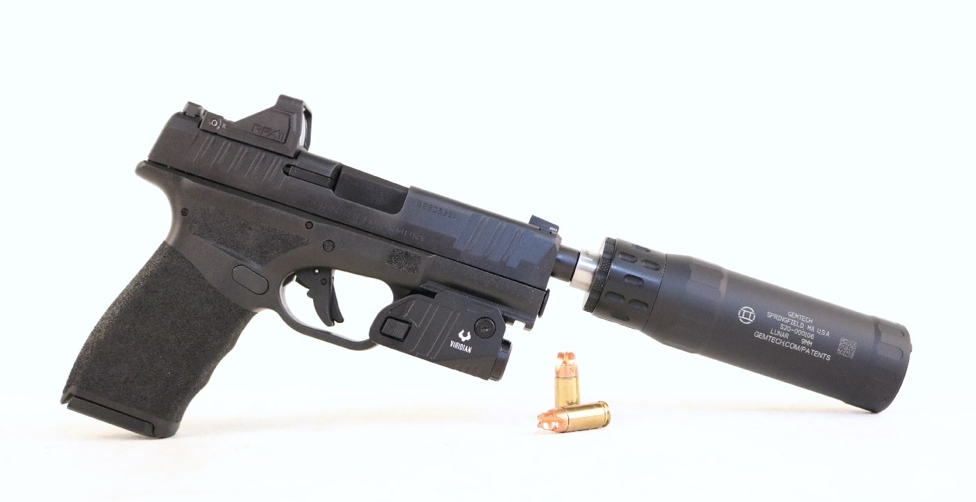 sportsmans warehouse exclusive viridian hellcat pro threaded 9mm handgun attached suppressor and red dot optic ammo