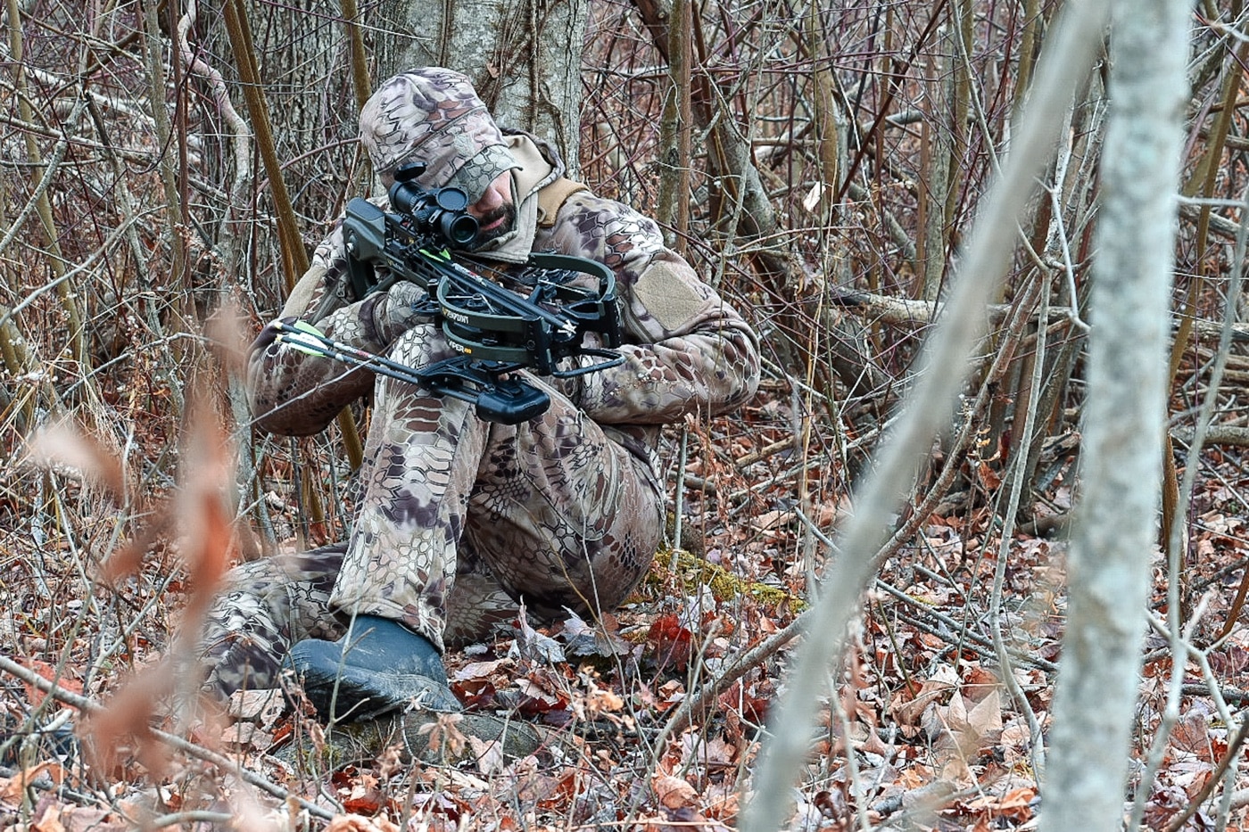 author with crossbow in the woods during a hunt