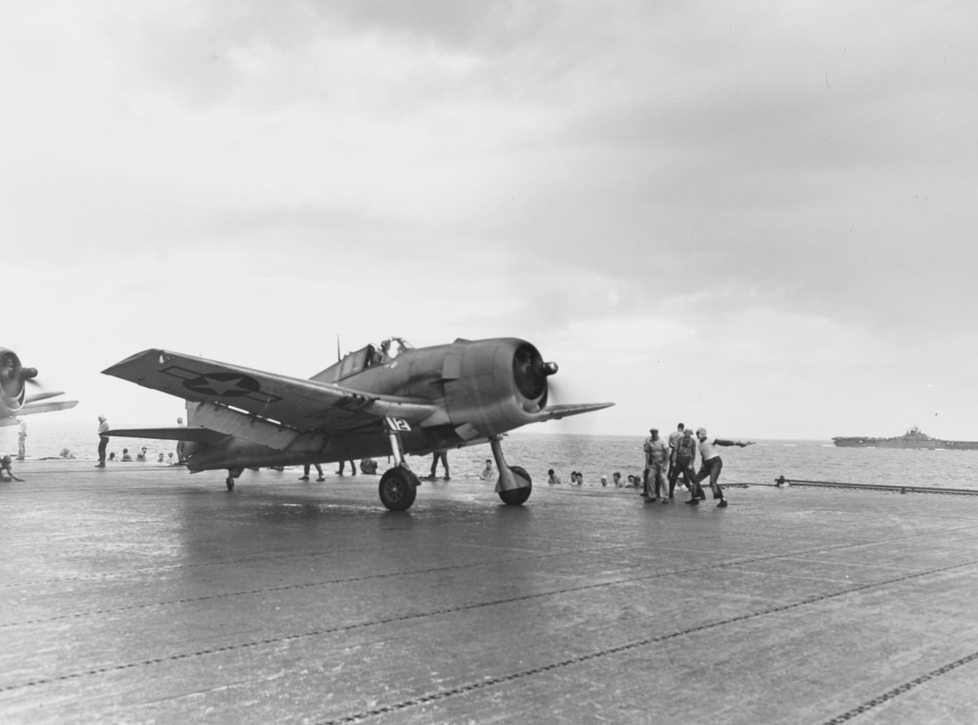 f6f-3 hellcat fighter preparing launch uss essex truk island raid february 1944