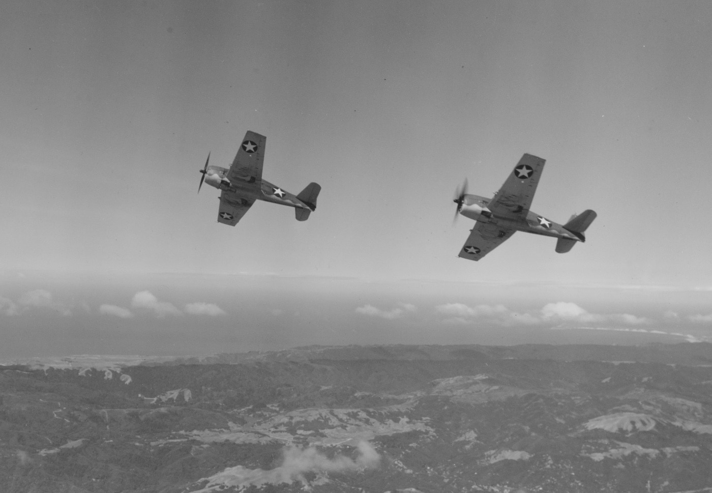 grumman hellcat fighters in flight training over california in 1943