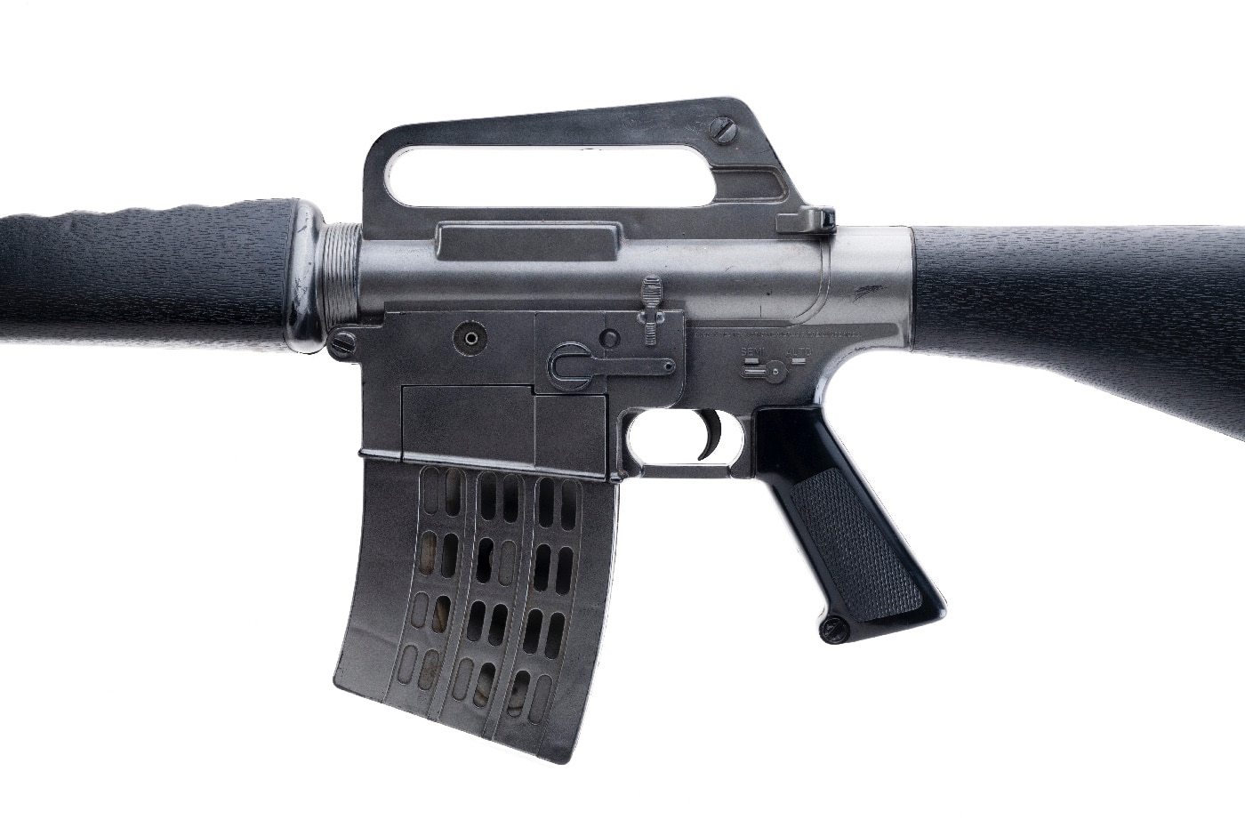 Shown is the left side of the Mattel Marauder. The holes in the magazine allow for the unobstructed flow of sound from the internal speaker. Image by Jeff Hallinan of Collectors Firearms in Houston, Texas