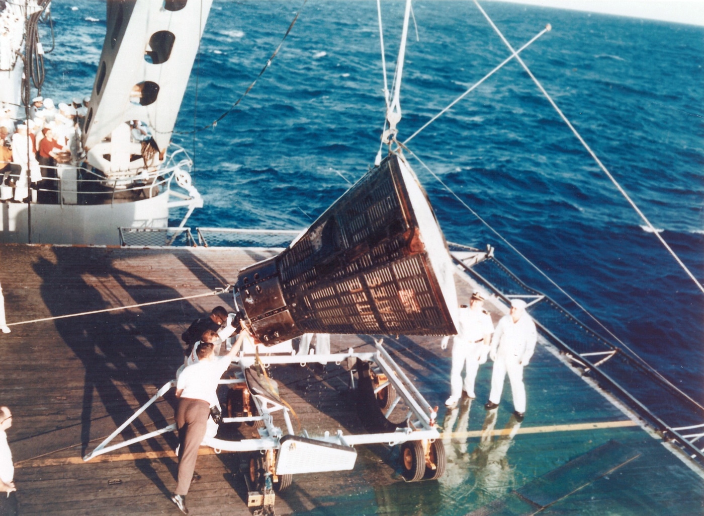 recovery of gemini 3 capsule space mission rocket on uss intrepid us navy