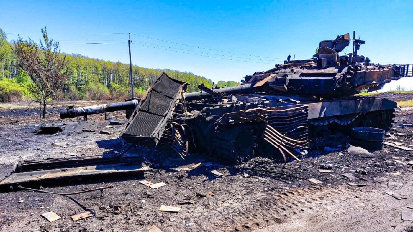 Destroyed Russian T-90M in Ukraine. Ukraine states the tanks was destroyed with a Carl Gustov AT missile.