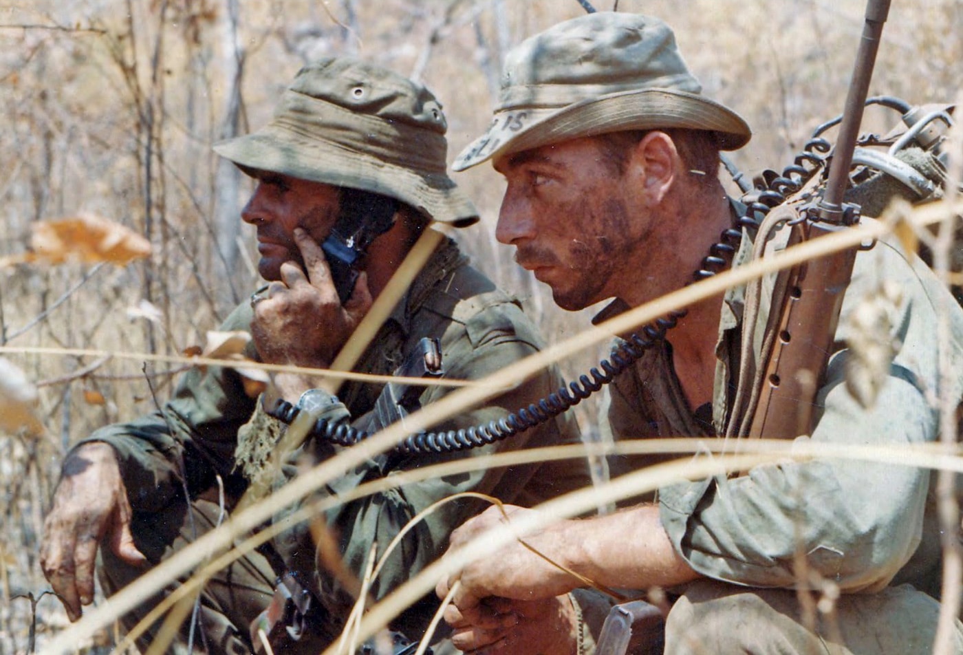An image from February 1968 shows an Australian platoon sergeant with his radio operator setting an ambush for North Vietnam troops that were moving through the Nui Thi Vai Hills area of South Vietnam. These soldiers were part of 8th Platoon, C Company, 7th Royal Australian Regiment deployed to support the United States and Republic of South Vietnam.