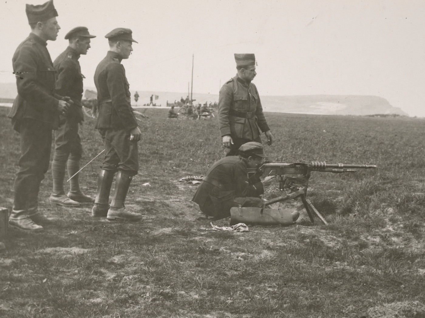 Shown in this image are a group of Belgian soldiers on a firing range training with Hotchkiss machine guns in 8mm Lebel. In addition to being in active service with the French Army, the Americans, Belgians and other Allied countries used the crew served weapon.