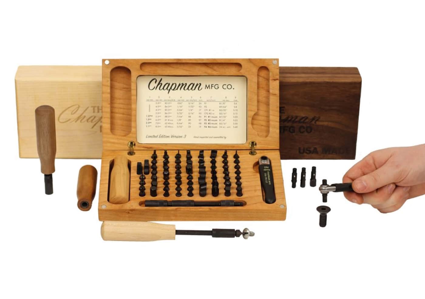 Chapman Manufacturing Wood Sets are heirloom-quality tool kits with wooden cases.