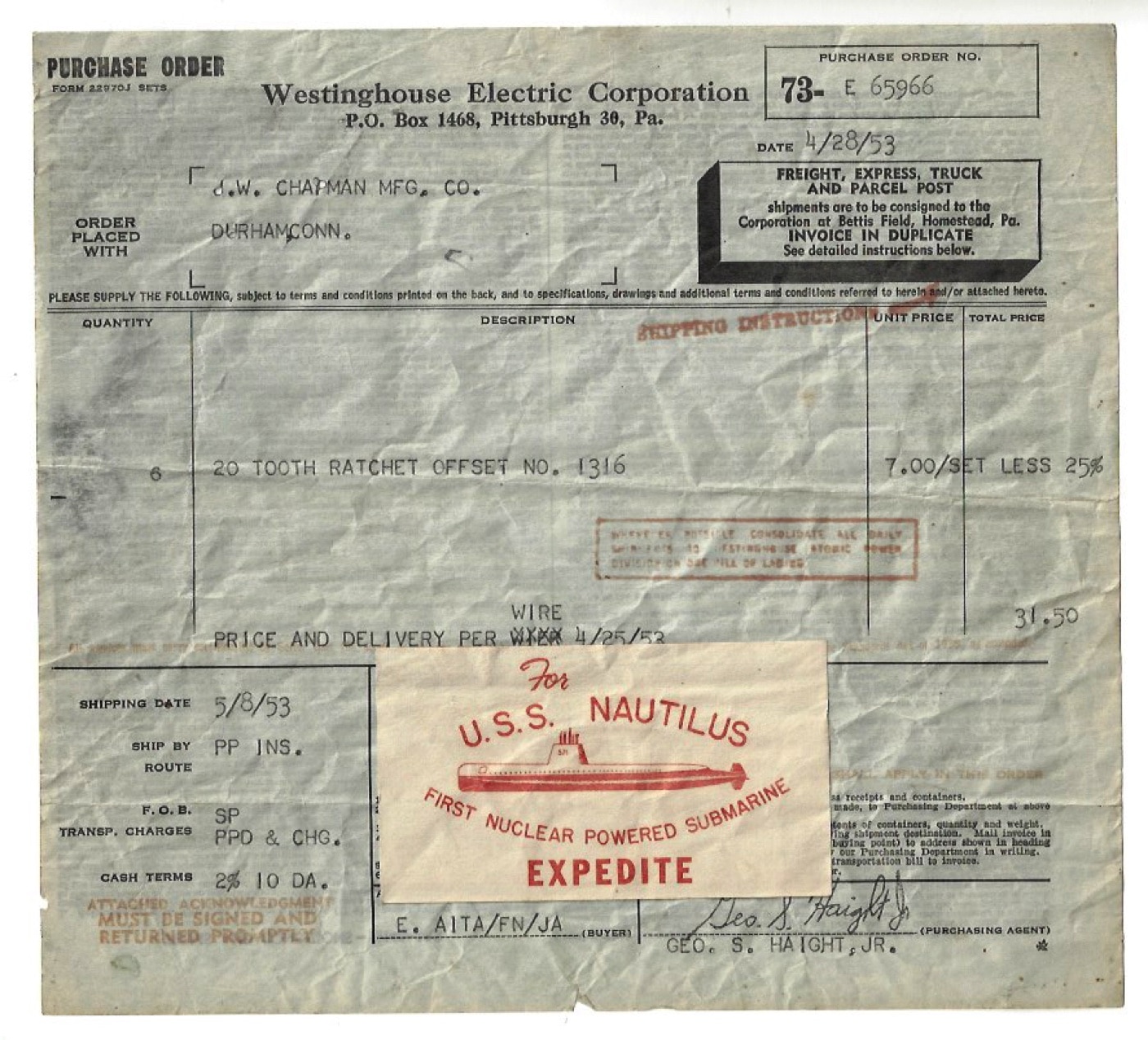 Shown is a purchase order from Westinghouse Electric Corporation dated April 28, 1953. Chapman Manufacturing provided tool sets for the USS Nautilus (SSN-571), the first nuclear-powered submarine. Image: Chapman Manufacturing