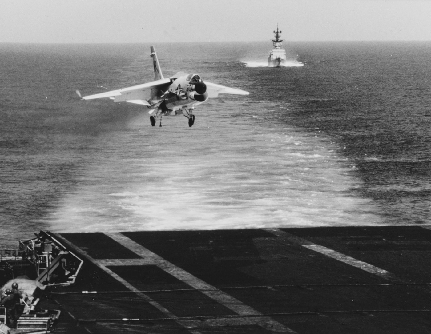 In this image, the carrier-based air superiority F-8 comes in for a landing on the USS Hancock. The fighter was able to exceed the speed of sound and could be equipped with Sidewinder missiles. In the pantheon of planes of fame, the Crusader was the fastest plane the Navy had until the Douglas F-4 Phantom II. The F-8 became the first jet to set a national speed record as an aircraft to fly from the east to west coast in slightly more than three hours.