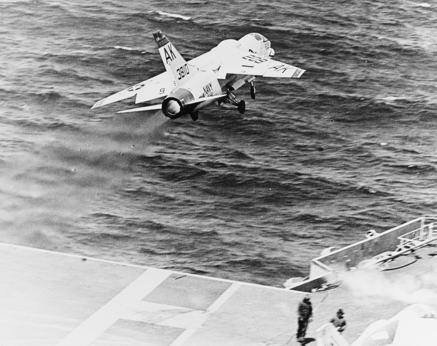 In this photo, an F-8 Crusader launches from the deck of the USS Enterprise. U.S. President John F. Kenneday was onboard to watch naval operations. These planes had fast landing speeds, but were still well suited to carrier operations. 